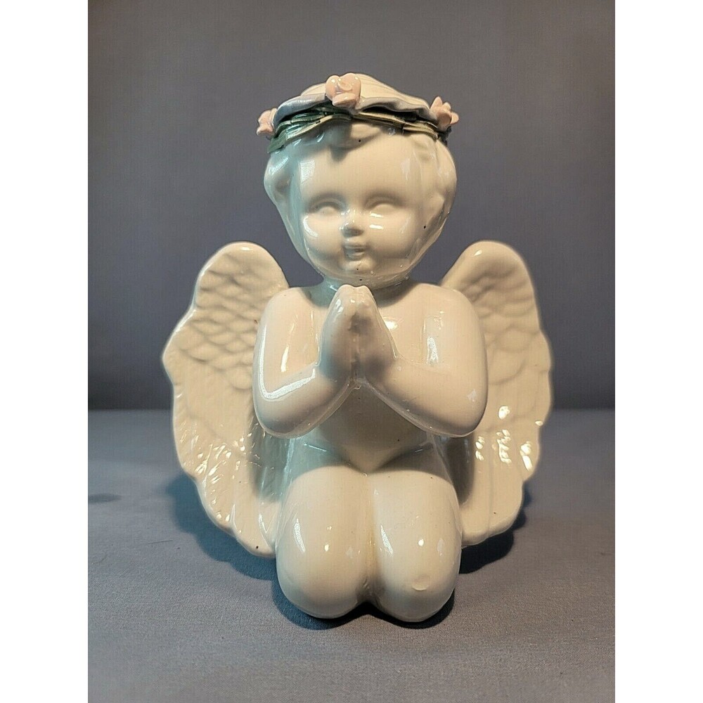 Praying Angel Cherub Figurine w/ Wreath Garland 7'' Kneeling White Ceramic